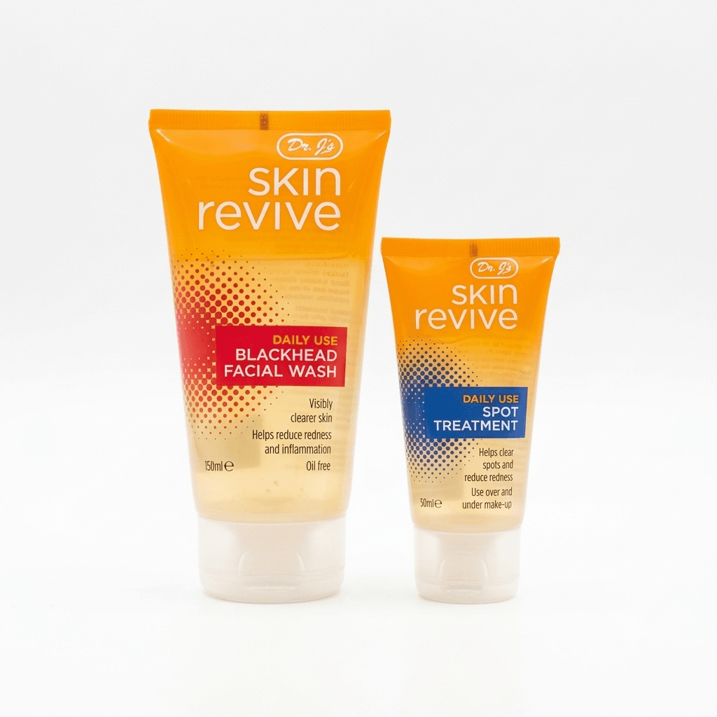 Two orange tubes of Dr. J's Skin Revive Blackhead Facial Wash and Spot Treatment displayed centered against a clean white background.