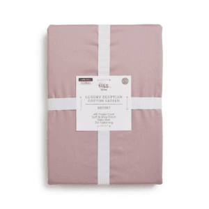 Packaged M&S Home Luxury Egyptian Cotton Sateen Bedset in dusty rose pink. The folded set features a white brand label indicating King Size, 400 Thread Count, soft and silky finish, easy iron, and zip fastening. Included are a king-size duvet cover and two pillowcases.