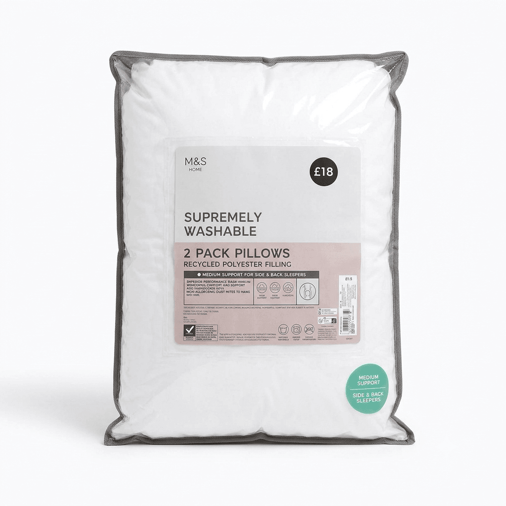 Marks and Spencer 2 pack supremely washable pillows in clear plastic packaging